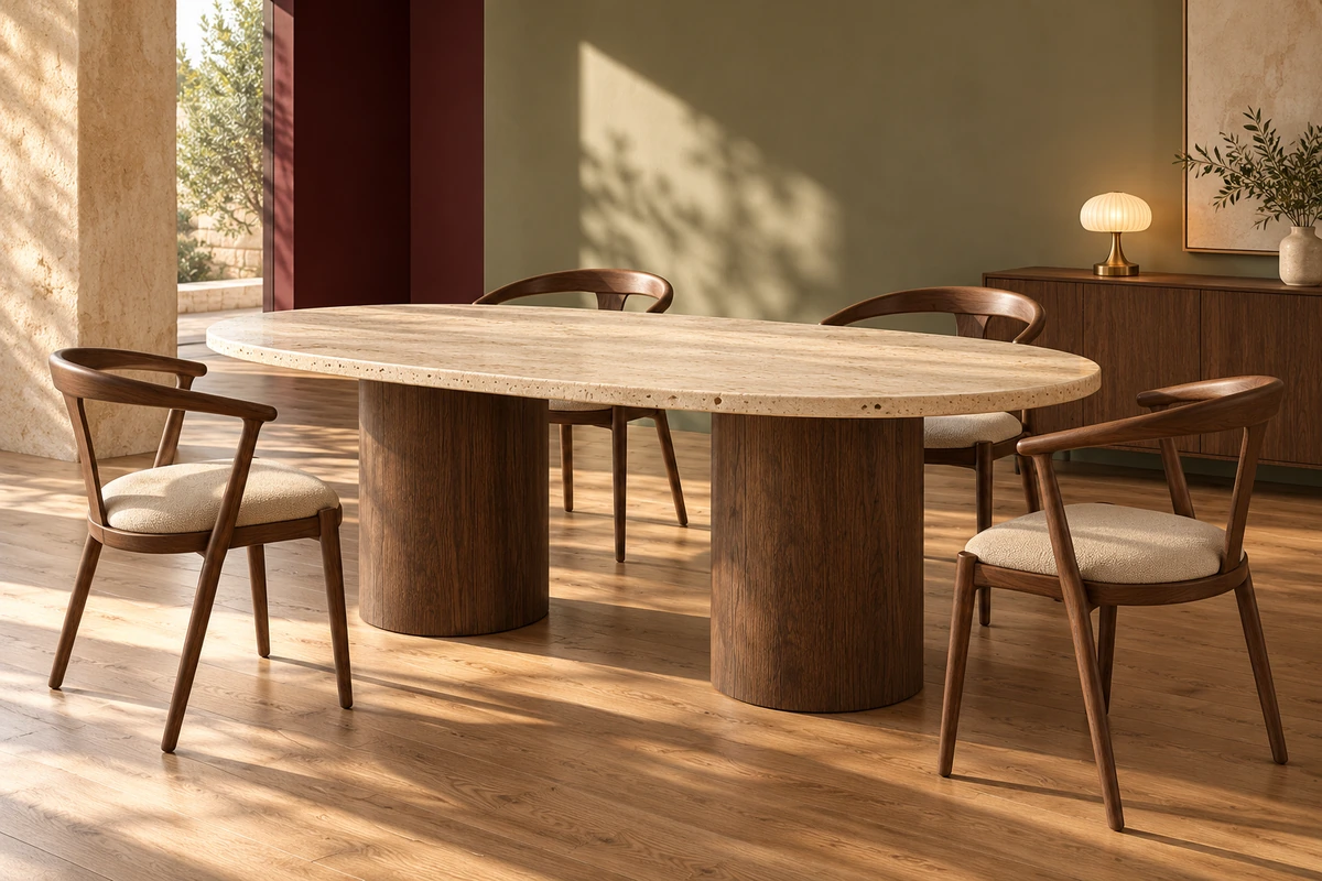Materia e luce in un ambiente da pranzo immaginario