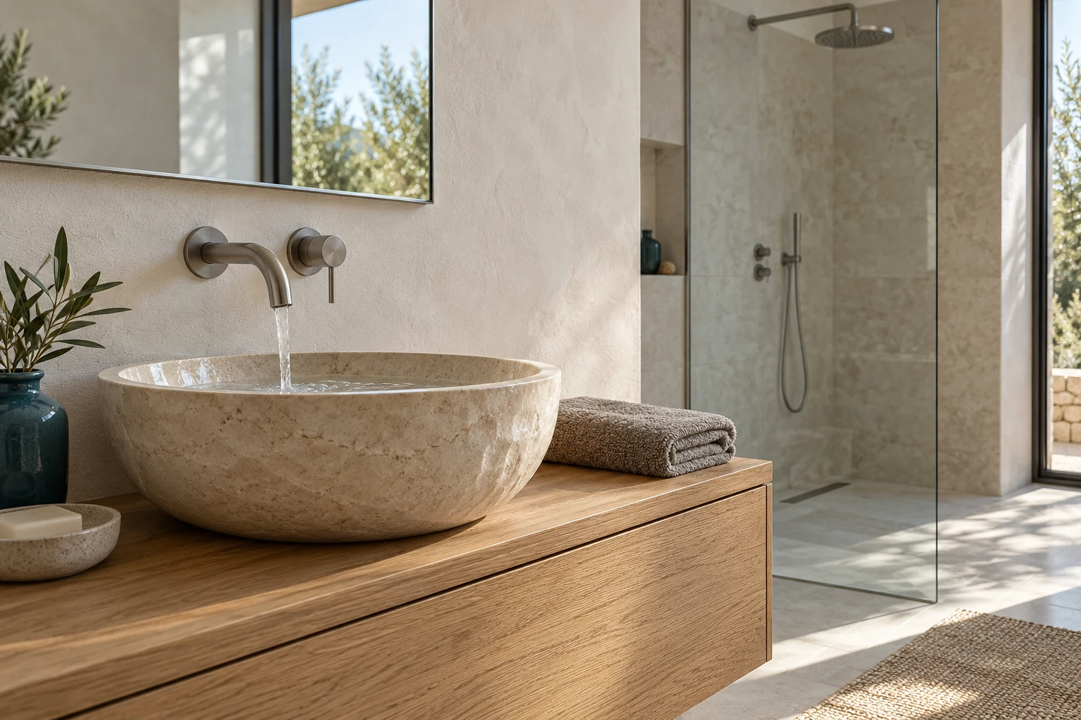 Lavabo in pietra, rubinetto e doccia in un bagno luminoso