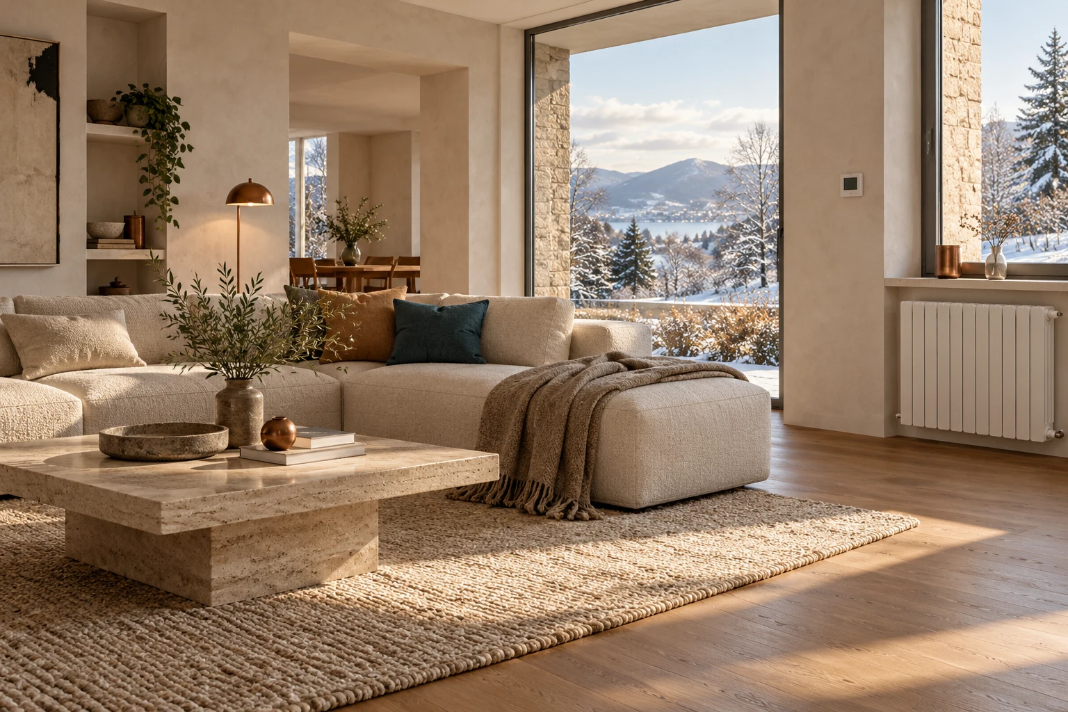 Ambiente domestico con pavimento in legno, radiatore e luce invernale