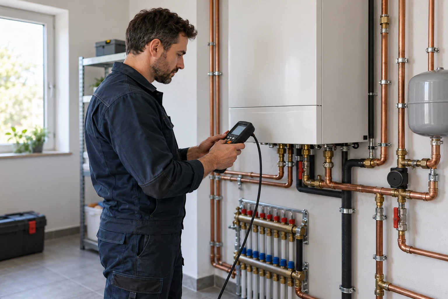 Tecnico dimostrativo che controlla un apparecchio termico in un locale ordinato