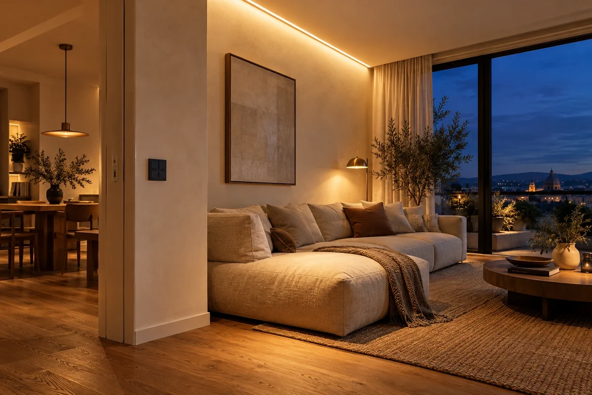 Soggiorno con illuminazione calda e comandi a parete