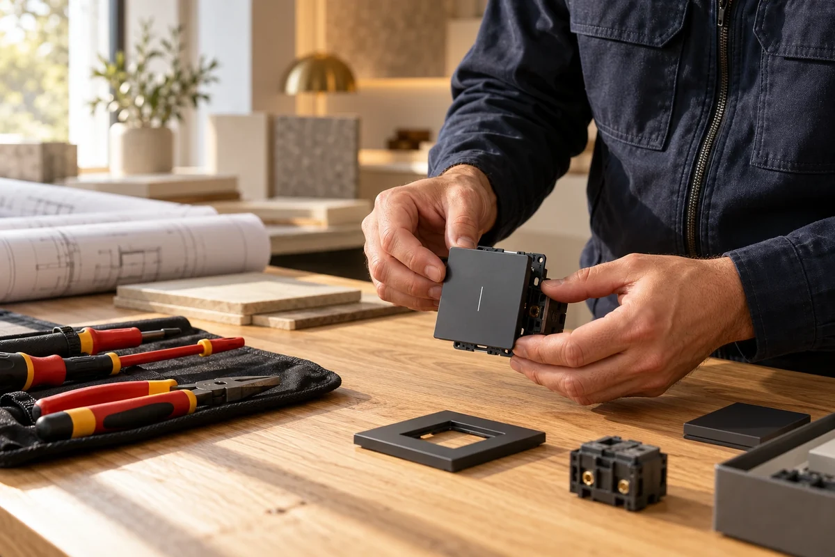 Mani di un tecnico che prepara un comando domotico su banco di lavoro