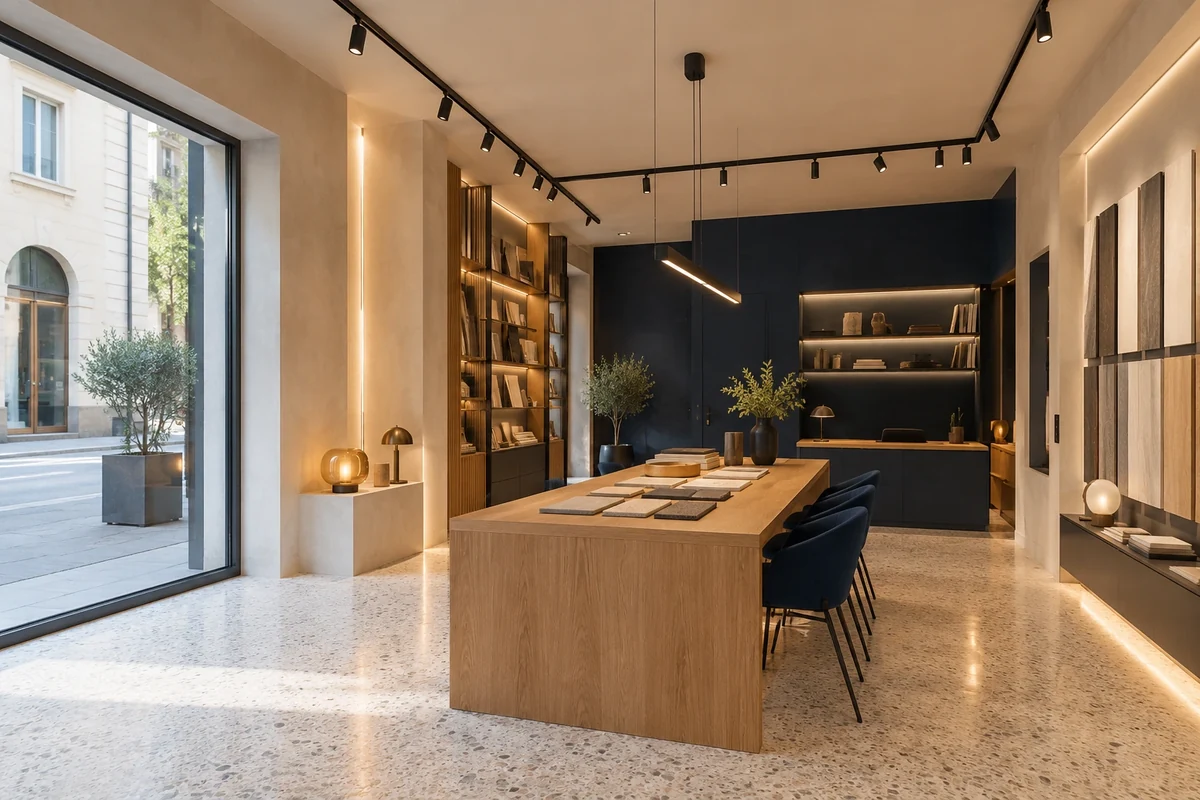 Showroom contemporaneo con illuminazione a binario e luce integrata
